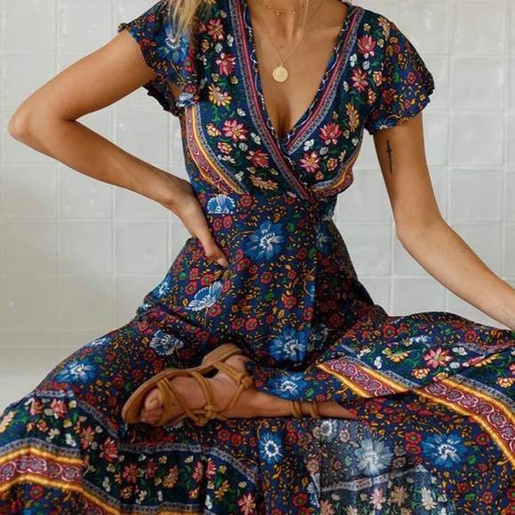 Dresses & Skirts - NWOT…Carrie navy blue boho floral maxi wrap dress